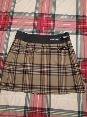 Route 66 Beige Plaid Mini Skirt with Dark Waistband